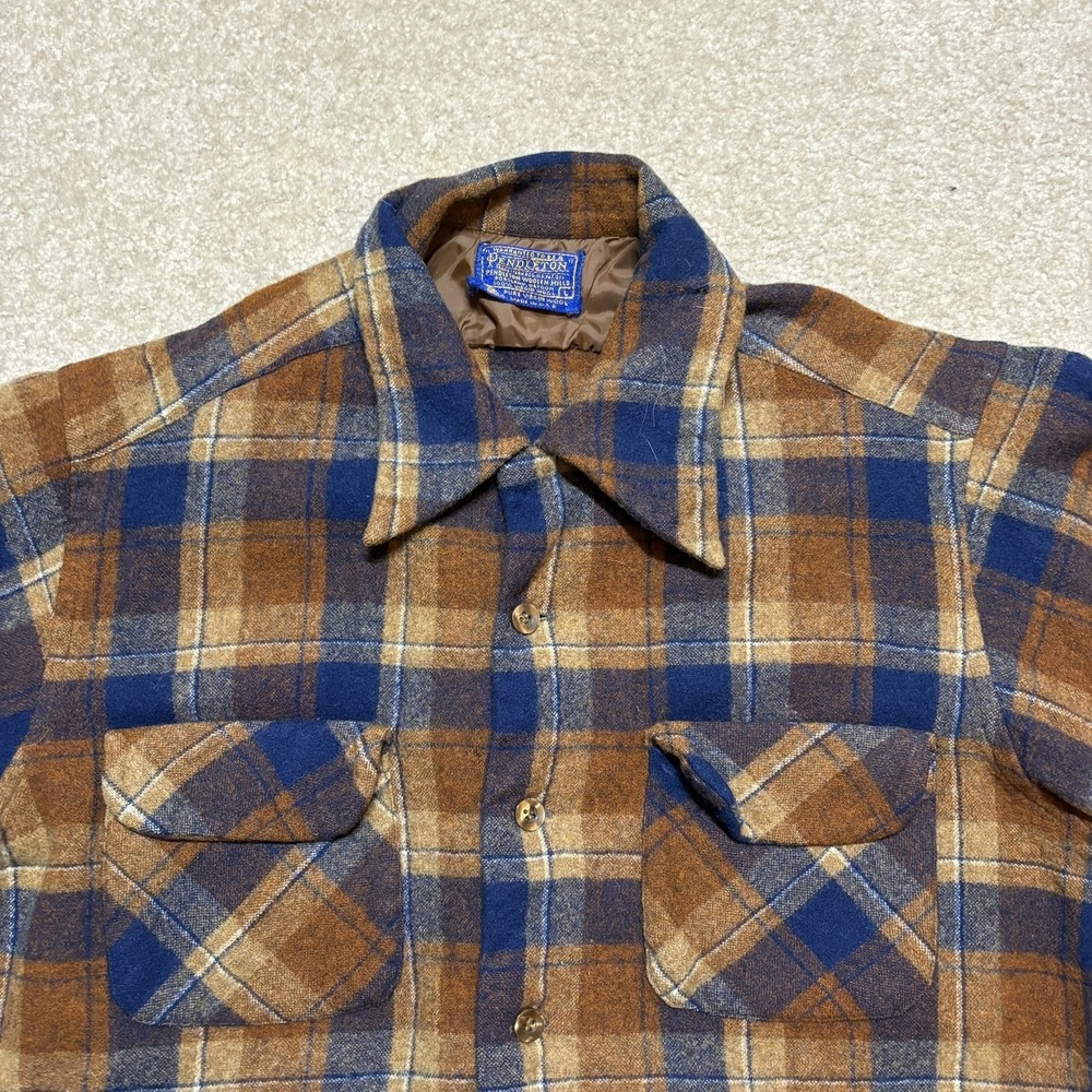 Vtg Pendleton Shirt Mens Large Brown Plaid Wool Flannel Loop Collar Made USA 60s - Picture 11 of 12